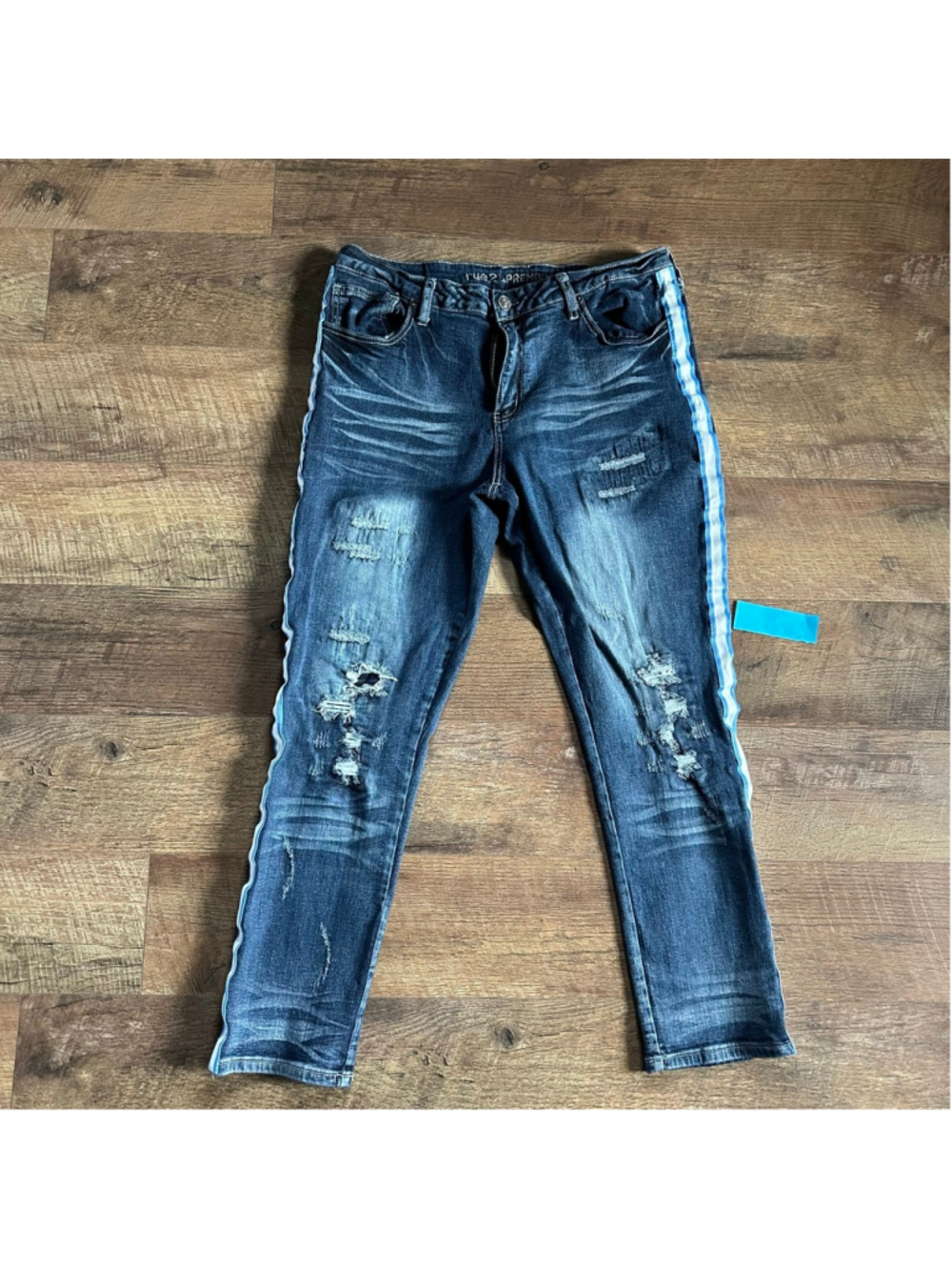 Men's Rue21 Blue Distressed Skinny Jeans with White Stripe, Waist 36